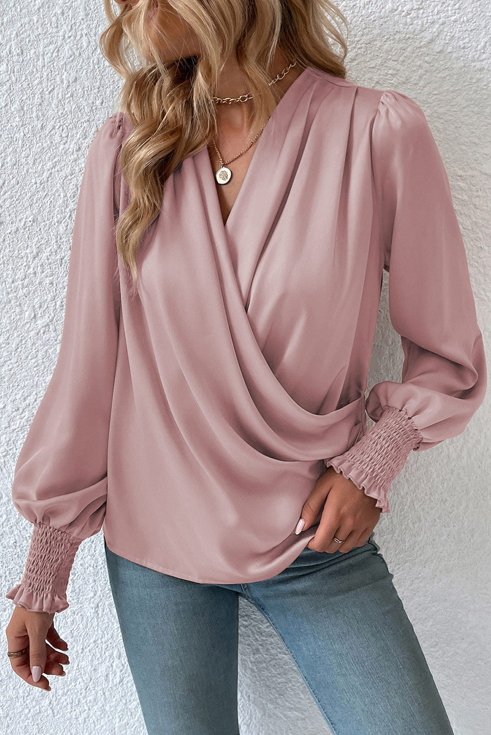 Pink Solid Surplice Neck Shirred Cuffs Draped Blouse