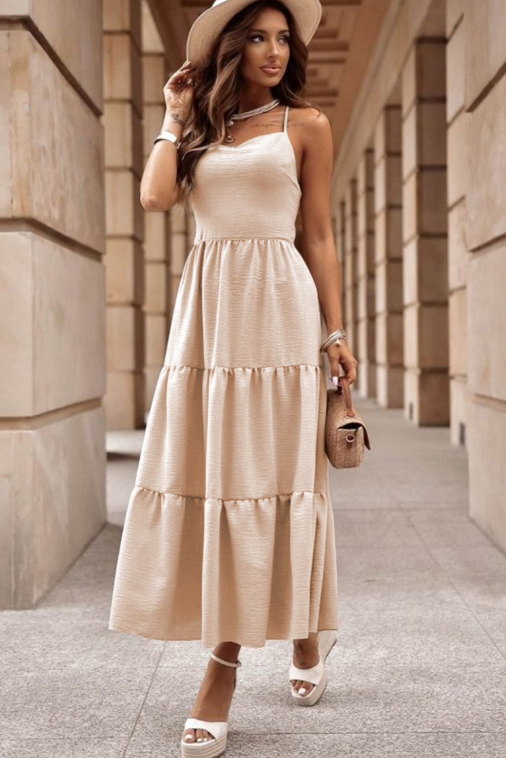 Oatmeal Crossover Backless Bodice Tiered Maxi Dress