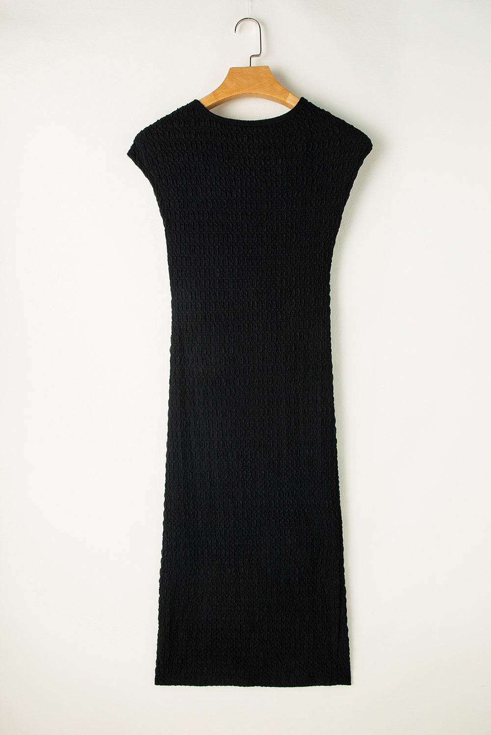 Black Textured Short Sleeve Twist Front Split Midi Dress