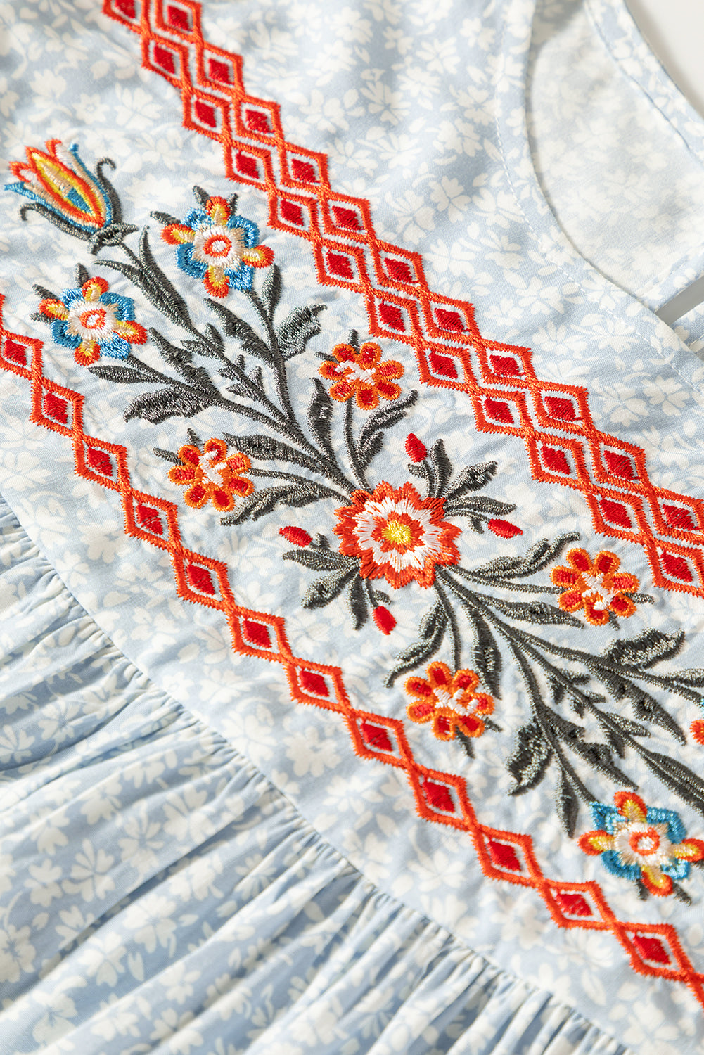 Sky Blue Boho Embroidered Floral Print Flutter Sleeve Blouse