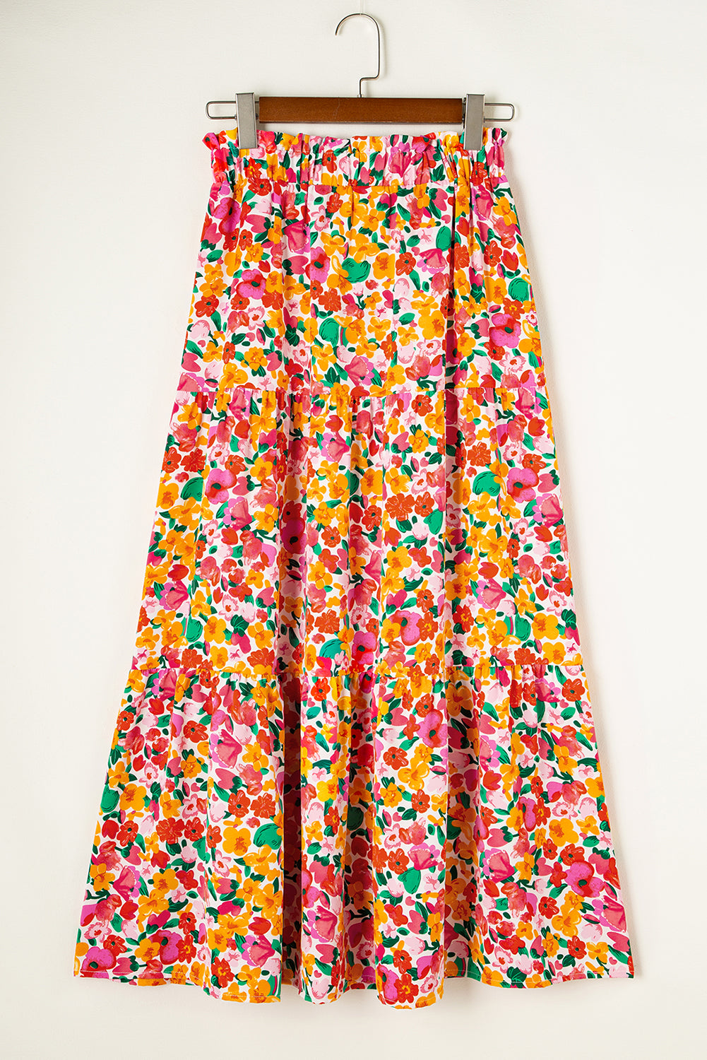 Yellow Boho Floral Print Tiered Long Skirt