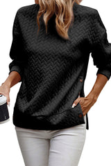 Black Pale Chestnut Side Buttons Cable Textured Sweatshirt