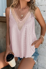 Apricot Pink Lace Crochet Splicing V Neck Loose Fit Tank Top
