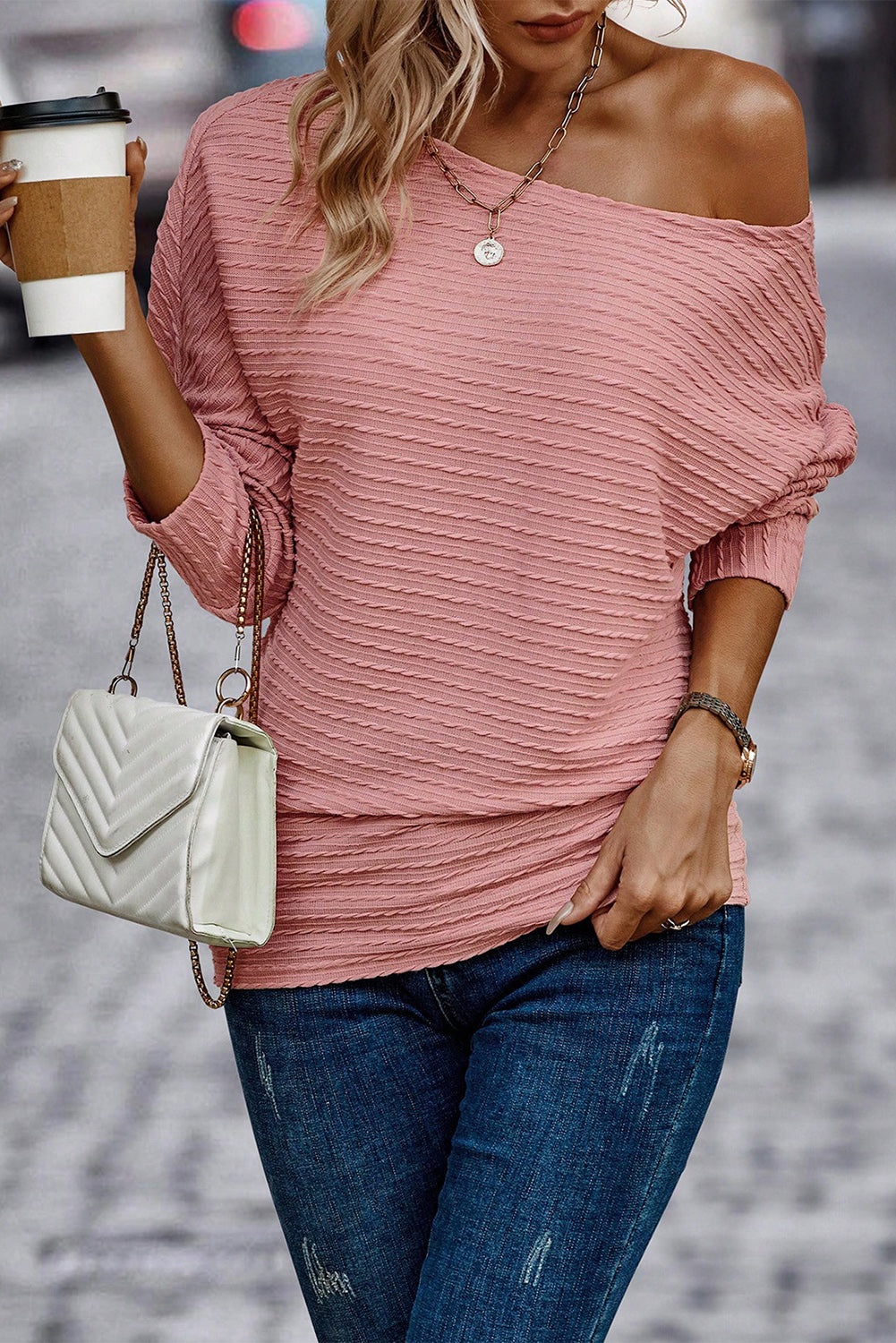 Dusty Pink Textured Knit Long Sleeve Top