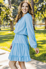 Light Blue V Neck Long Sleeve Ruffle Tiered Mini Dress