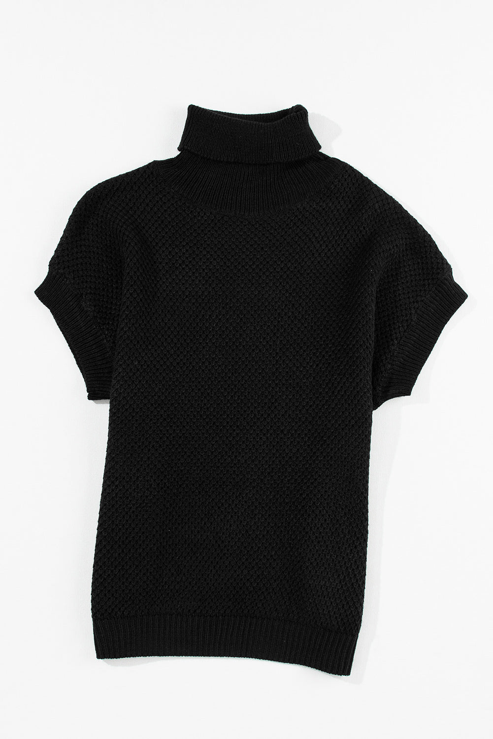Black Turtleneck Textured Short Sleeve Sweater