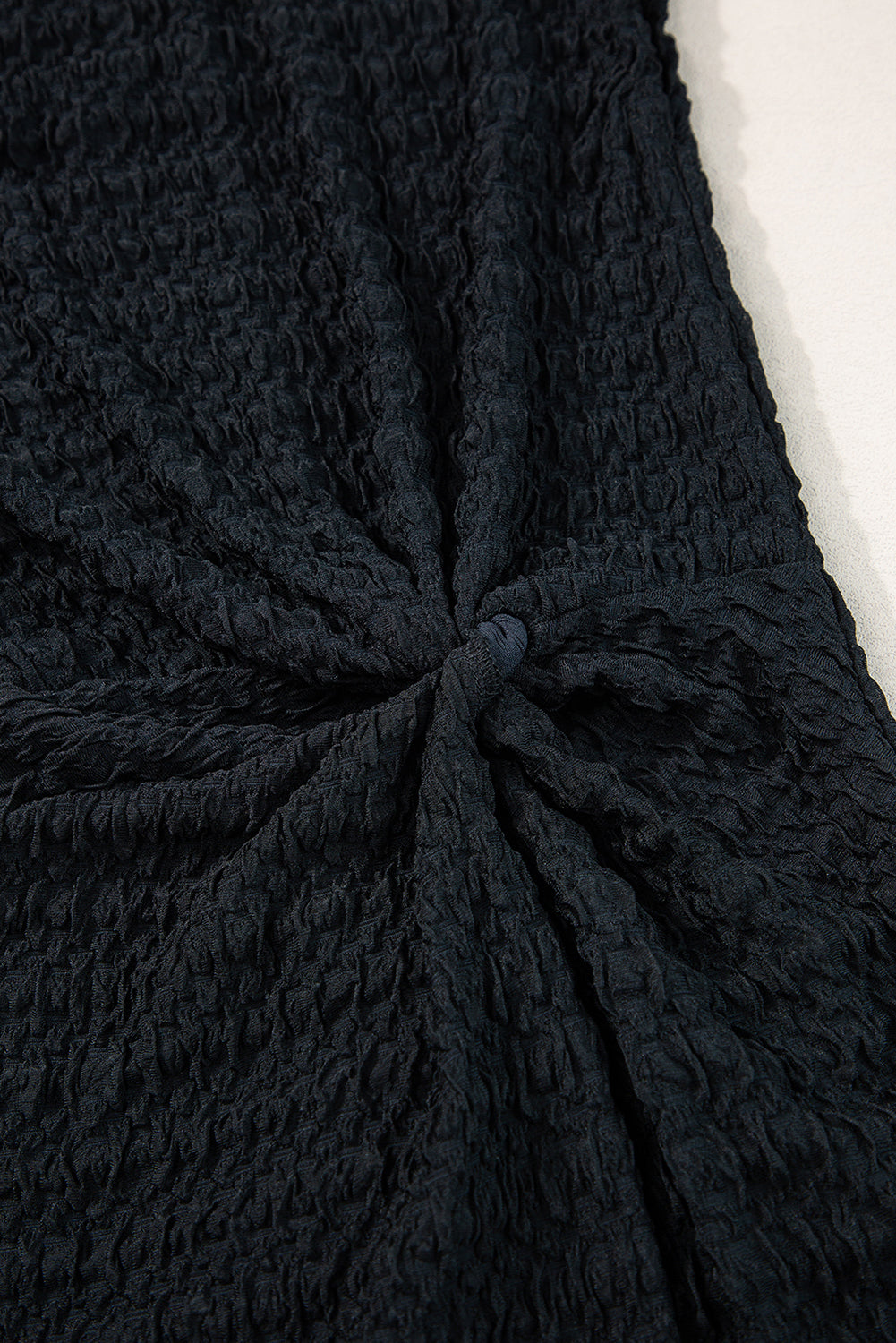 Black Textured Short Sleeve Twist Front Split Midi Dress