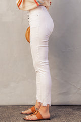 White Plain High Waist Buttons Frayed Cropped Denim Jeans